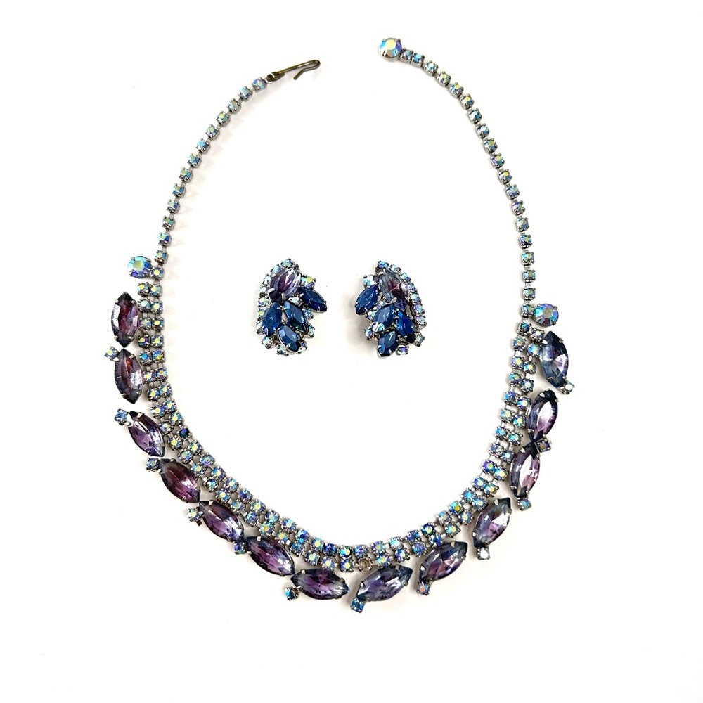 Madeleine Blue Purple Marquise Auruora Borealis Silver Tone Necklace Earring Vtg